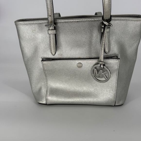 Michael Kors Silver Metallics set jet Tote Bag Purse Handbag Satchel MK Logo - Picture 3 of 13